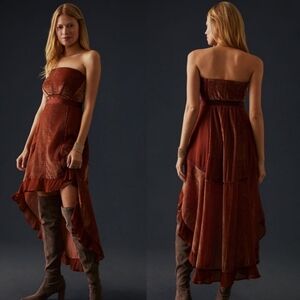 Anthropologie 2P Petite Velvet Asymmetrical Dress Hi Low Orange Copper Strapless